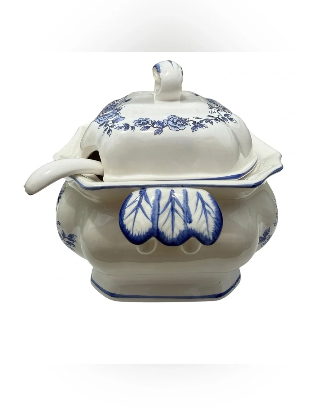 Vintage Blue White Chinoiserie Soup Tureen Ladle Lidded Serving Bowl Floral